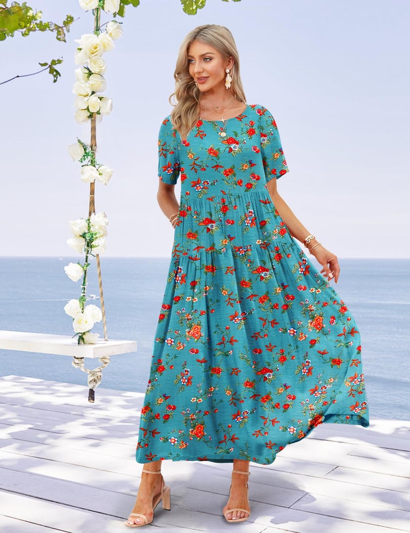 YESNO Women Casual Loose Bohemian Floral Dress with Pockets Short Sleeve Long Maxi Summer Beach Swing Dress (M EJF CR14) - Image 3
